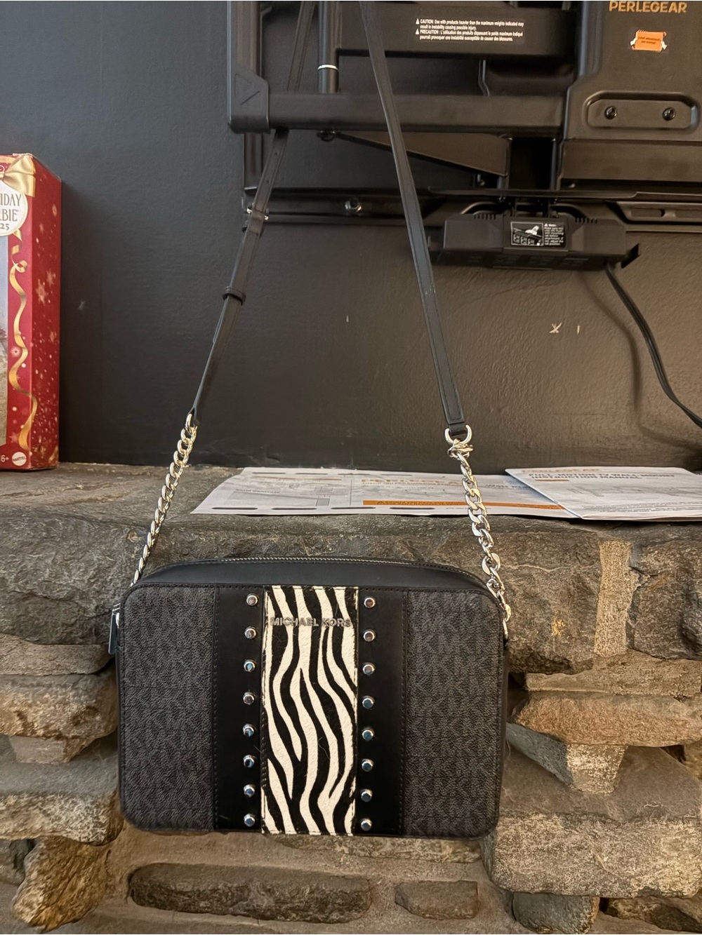 Michael Kors Black Crossbody with Zebra Stripe and Studs